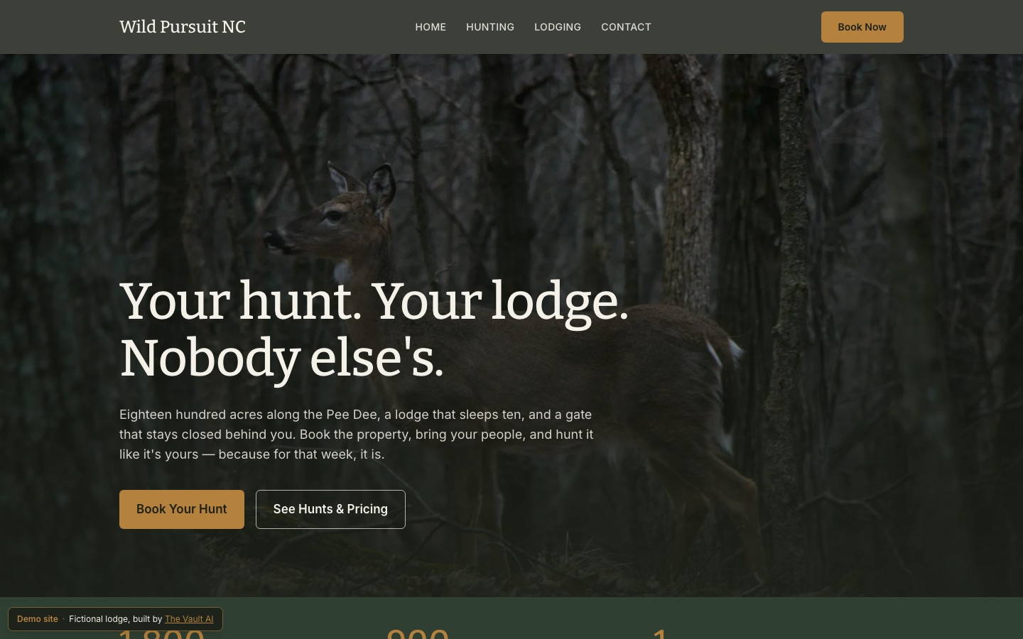 Wild Pursuit NC homepage — hero section with a hunting lodge photo