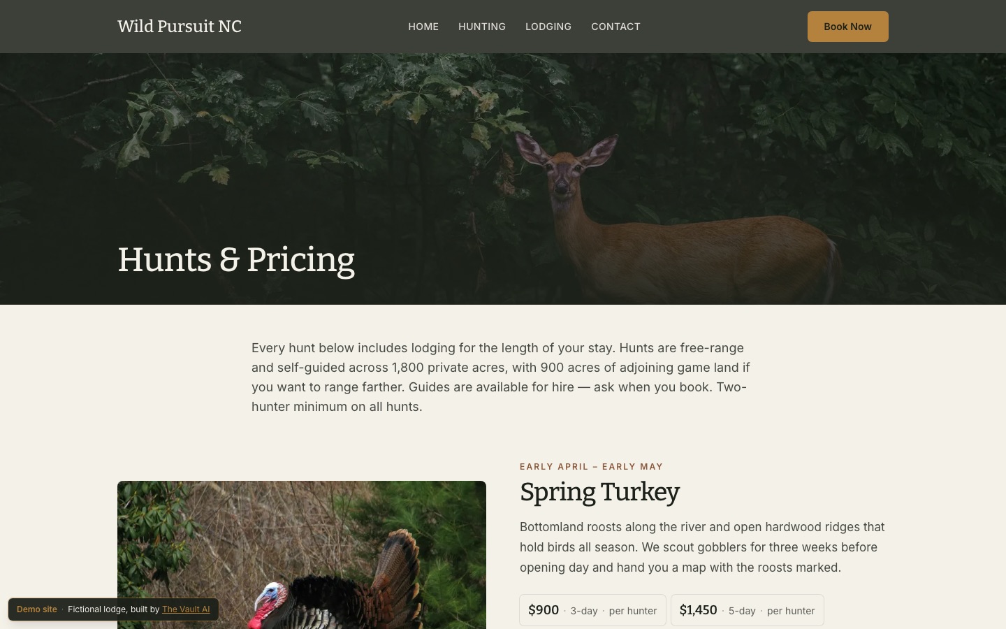 Wild Pursuit NC hunting and pricing page