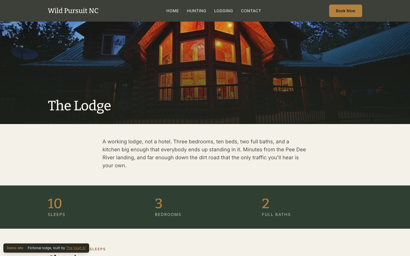 Wild Pursuit NC lodging page with photo gallery
